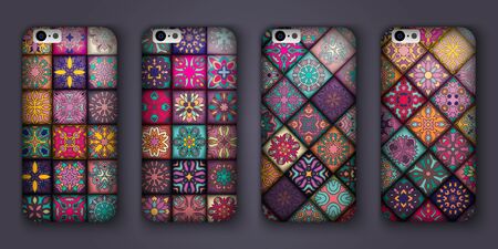 Phone cover collection, boho style pattern. Vector background. Vintage decorative elements. Hand drawn background. Islam, arabic, indian, ottoman motifsのイラスト素材