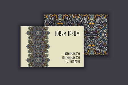 Vector vintage visiting card set. Floral mandala pattern and ornaments. Oriental design Layout. Islam, Arabic, Indian, ottoman motifs. Front page and back page.のイラスト素材