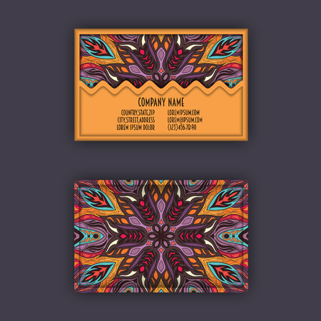 Vector vintage visiting card set. Floral mandala pattern and ornaments. Oriental design Layout. Islam, Arabic, Indian, ottoman motifs. Front page and back page.のイラスト素材