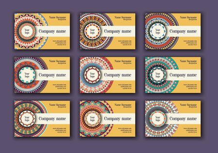 Vintage business visiting cards set. Ornamental mandala, ethnic circle decorative elements in boho style.のイラスト素材