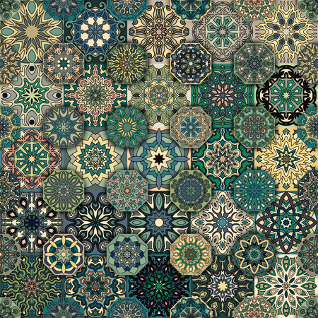 Colorful vintage seamless pattern with floral and mandala elements.Hand drawn background. Can be used for fabric, wallpaper, tile, wrapping, covers and carpet. Islam, Arabic, Indian, ottoman motifs.のイラスト素材