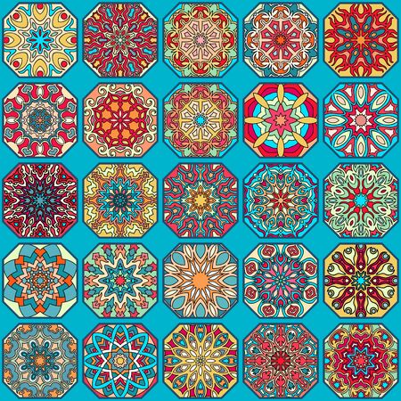 Colorful vintage seamless pattern with floral and mandala elements.のイラスト素材