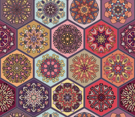 Colorful vintage seamless pattern with floral and mandala elements.Hand drawn background. Can be used for fabric, wallpaper, tile, wrapping, covers and carpet. Islam, Arabic, Indian, ottoman motifs.のイラスト素材