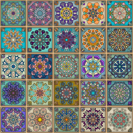 Colorful vintage seamless pattern with floral and mandala elements.Hand drawn pattern. Can be used for fabric, wallpaper, tile, wrapping, covers and carpet. Islam, Arabic, Indian, ottoman motifs.のイラスト素材