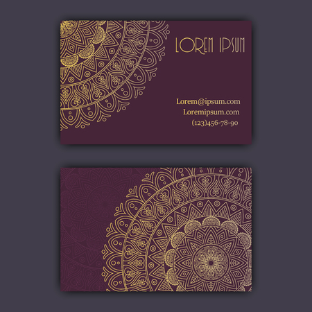 Vector vintage visiting card set. Glowing shiny floral mandala pattern and ornaments. Luxury designのイラスト素材