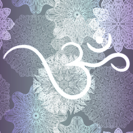 Ornate floral seamless texture, endless pattern with glowing bright mandala elements and ohm symbol.のイラスト素材