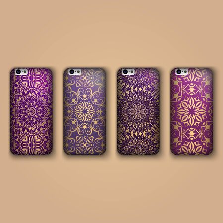 Set of fashionable floral ornaments for mobile phone cover, floral mandala. mobile phone case.のイラスト素材