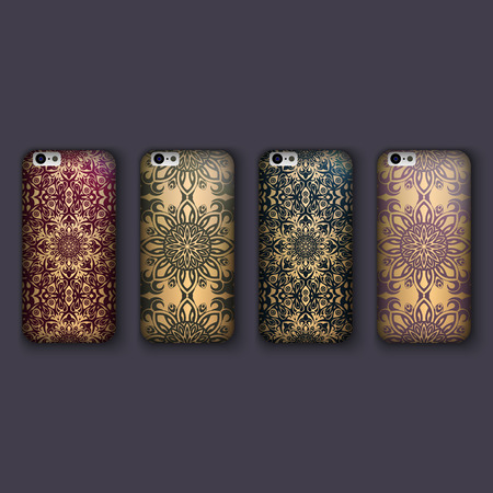 Set of fashionable floral ornaments for mobile phone cover, floral mandala. mobile phone case.のイラスト素材