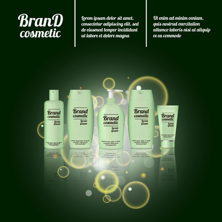 3D realistic cosmetic bottle ads template. Cosmetic brand advertising concept design with bubbles and sparkles.のイラスト素材