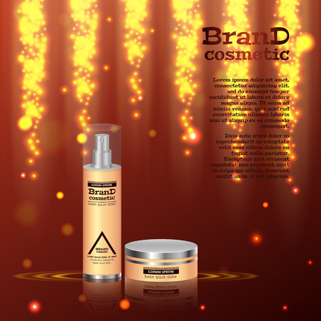3D realistic cosmetic bottle ads template. Cosmetic brand advertising concept design with glitters and bokeh background.のイラスト素材