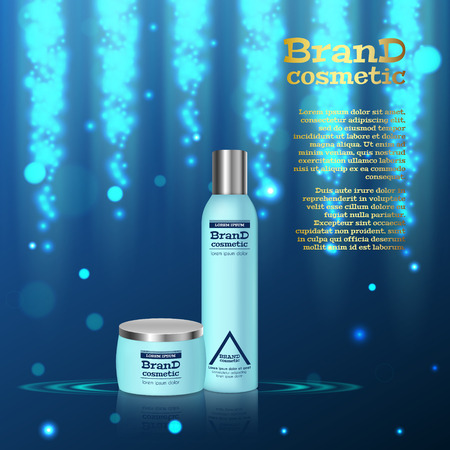 3D realistic cosmetic bottle ads template. Cosmetic brand advertising concept design with glitters and bokeh background.のイラスト素材