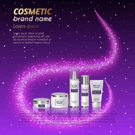 3D realistic cosmetic bottle ads template. Cosmetic brand advertising concept design with glittering dust background.のイラスト素材