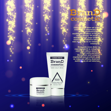 3D realistic cosmetic bottle ads template. Cosmetic brand advertising concept design with glitters and bokeh background.のイラスト素材