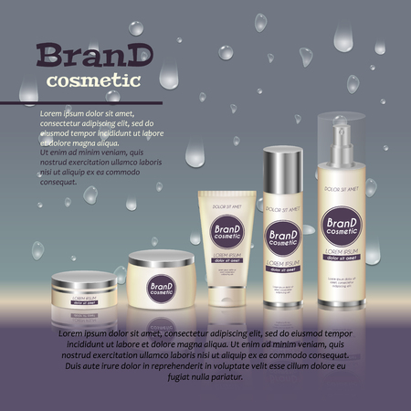 3D realistic cosmetic bottle ads template. Cosmetic brand advertising concept design with water bubbles and waterdrops background.のイラスト素材