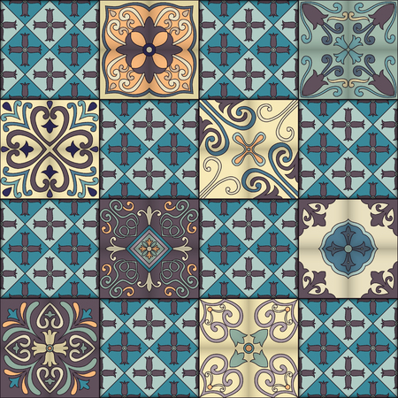 Seamless pattern with portuguese tiles in talavera style. Azulejo, moroccan, mexican ornamentsのイラスト素材