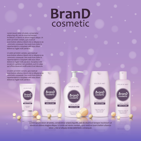 3D realistic cosmetic bottle ads template. Cosmetic brand advertising concept design on glowing background with pearls and sparkles.のイラスト素材