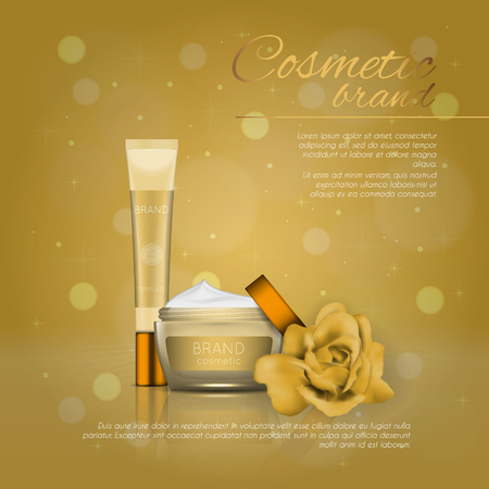 Vector 3D cosmetic illustration with rose and bokeh background. Beauty realistic cosmetic product design templateのイラスト素材