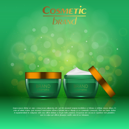 Vector 3D cosmetic illustration on a soft light blurred background with bokeh. Beauty realistic cosmetic product design templateのイラスト素材
