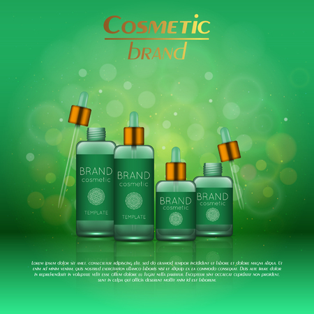 Vector 3D cosmetic illustration on a soft light blurred background with bokeh. Beauty realistic cosmetic product design templateのイラスト素材