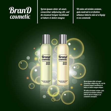 3D realistic cosmetic bottle ads template. Cosmetic brand advertising concept design with bubbles and sparkles.のイラスト素材