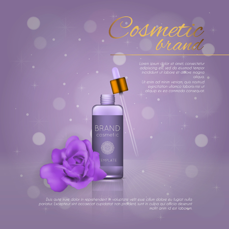 Vector 3D cosmetic illustration with rose and bokeh background. Beauty realistic cosmetic product design templateのイラスト素材