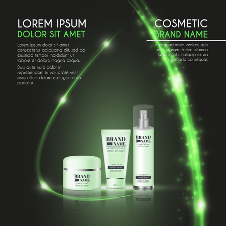 3D realistic cosmetic bottle ads template. Cosmetic brand advertising concept design with glowing sparkles and glitters abstract background.のイラスト素材
