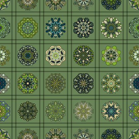 Colorful vintage seamless pattern with floral and mandala elements.Hand drawn background. Can be used for fabric, wallpaper, tile, wrapping, covers and carpet. Islam, Arabic, Indian, ottoman motifs.のイラスト素材