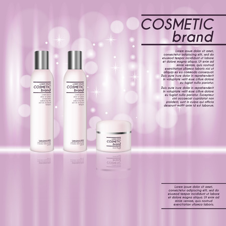 3D realistic cosmetic bottle ads template. Cosmetic brand advertising concept design with glitters and bokeh background.のイラスト素材