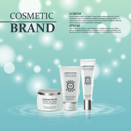 3D realistic cosmetic bottle ads template. Cosmetic brand advertising concept design with glitters and bokeh background.のイラスト素材