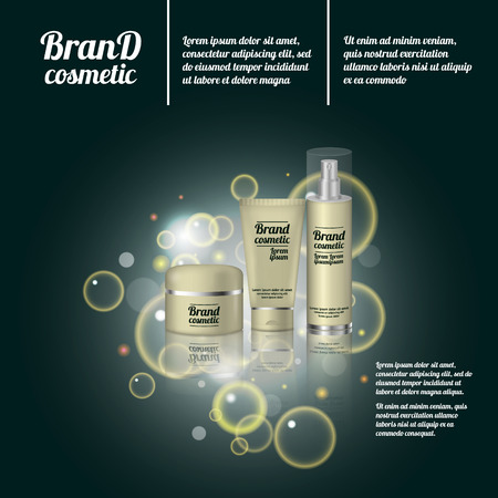 3D realistic cosmetic bottle ads template. Cosmetic brand advertising concept design with bubbles and sparkles.のイラスト素材