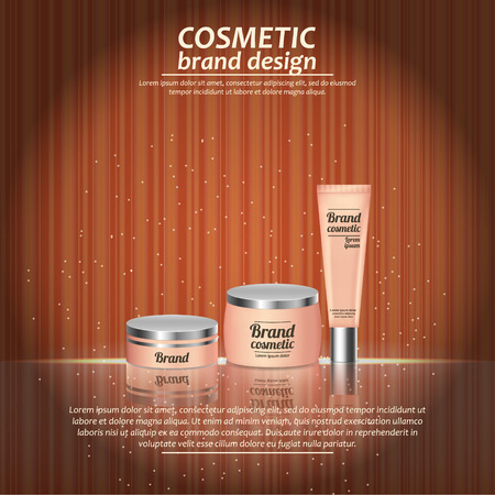 3D realistic cosmetic bottle ads template. Cosmetic brand advertising concept design with glowing sparkles on abstract texture background.のイラスト素材