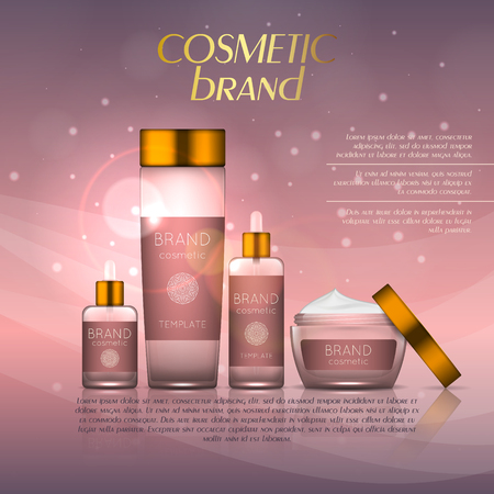 Vector 3D cosmetic illustration on a soft light background with flare effects. Beauty realistic cosmetic product design templateのイラスト素材