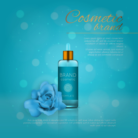 Vector 3D cosmetic illustration with rose and bokeh background. Beauty realistic cosmetic product design templateのイラスト素材