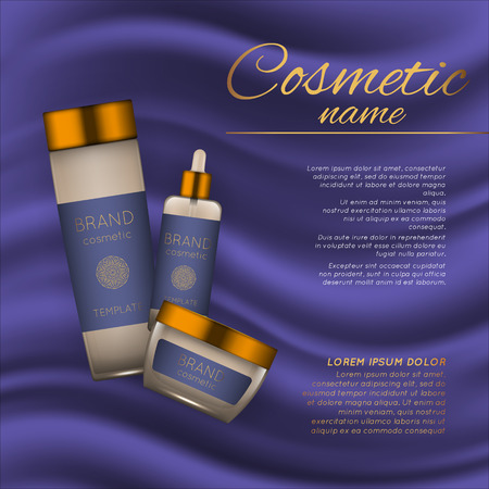 Vector 3D cosmetic illustration on a soft silk background. Beauty realistic cosmetic product design templateのイラスト素材