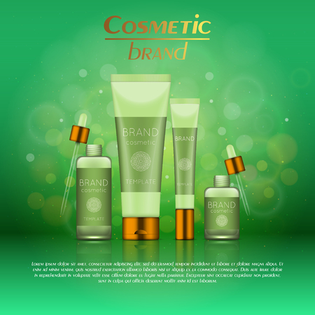 Vector 3D cosmetic illustration on a soft light blurred background with bokeh. Beauty realistic cosmetic product design templateのイラスト素材