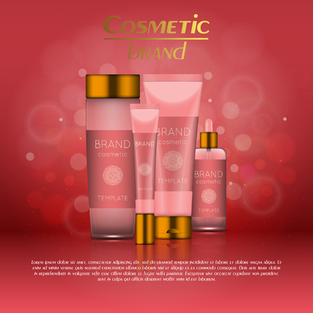 Vector 3D cosmetic illustration on a soft light blurred background with bokeh. Beauty realistic cosmetic product design templateのイラスト素材