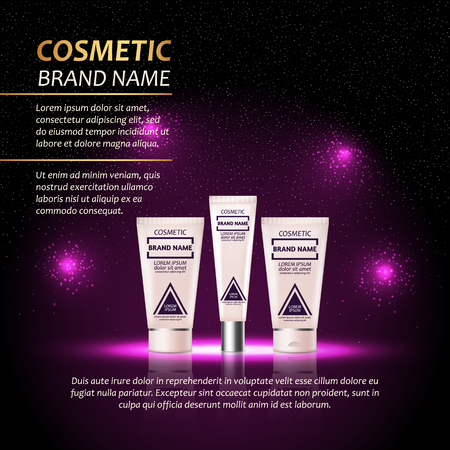 3D realistic cosmetic bottle ads template. Cosmetic brand advertising concept design with abstract glowing lights and sparkles background.のイラスト素材
