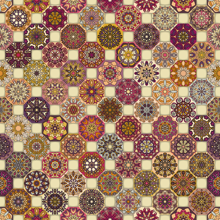 Colorful vintage seamless pattern with floral and mandala elements.Hand drawn background. Can be used for fabric, wallpaper, tile, wrapping, covers and carpet. Islam, Arabic, Indian, ottoman motifs.のイラスト素材