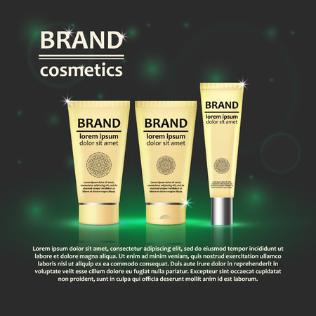 3D realistic cosmetic bottle ads template. Cosmetic brand advertising concept design with glitters and bokeh background.のイラスト素材