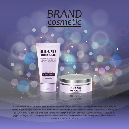 3D realistic cosmetic bottle ads template. Cosmetic brand advertising concept design with glitters and bokeh background.のイラスト素材
