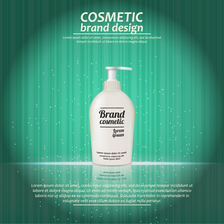 3D realistic cosmetic bottle ads template. Cosmetic brand advertising concept design with glowing sparkles on abstract texture background.のイラスト素材