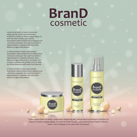 3D realistic cosmetic bottle ads template. Cosmetic brand advertising concept design on glowing background with pearls and sparkles.のイラスト素材