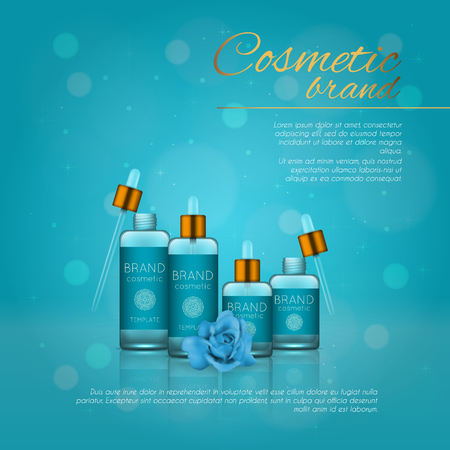 Vector 3D cosmetic illustration with rose and bokeh background. Beauty realistic cosmetic product design templateのイラスト素材