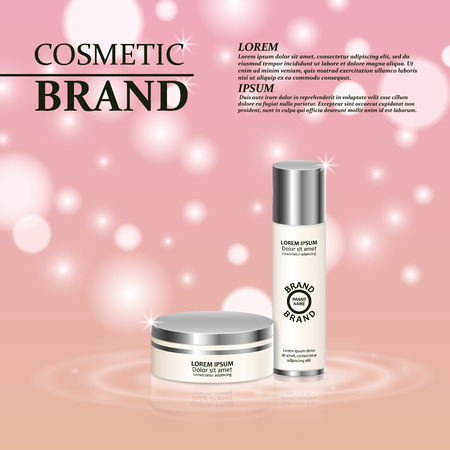 3D realistic cosmetic bottle ads template. Cosmetic brand advertising concept design with glitters and bokeh background.のイラスト素材