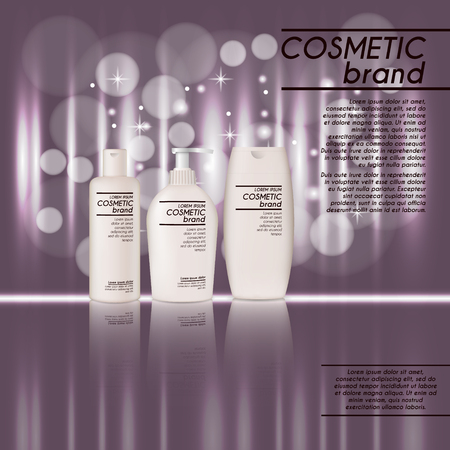 3D realistic cosmetic bottle ads template. Cosmetic brand advertising concept design with glitters and bokeh background.のイラスト素材