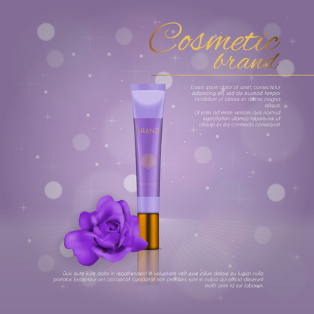 Vector 3D cosmetic illustration with rose and bokeh background. Beauty realistic cosmetic product design templateのイラスト素材