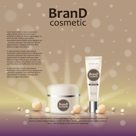 3D realistic cosmetic bottle ads template. Cosmetic brand advertising concept design on glowing background with pearls and sparkles.のイラスト素材