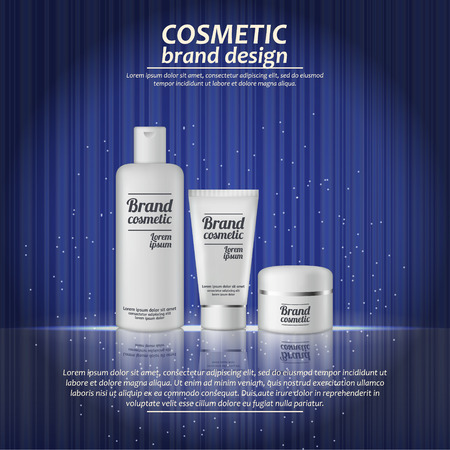 3D realistic cosmetic bottle ads template. Cosmetic brand advertising concept design with glowing sparkles on abstract texture background.のイラスト素材