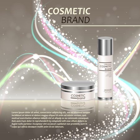 3D realistic cosmetic bottle ads template. Cosmetic brand advertising concept design with glitters and bokeh background.のイラスト素材