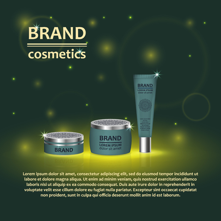 3D realistic cosmetic bottle ads template. Cosmetic brand advertising concept design with glitters and bokeh background.のイラスト素材